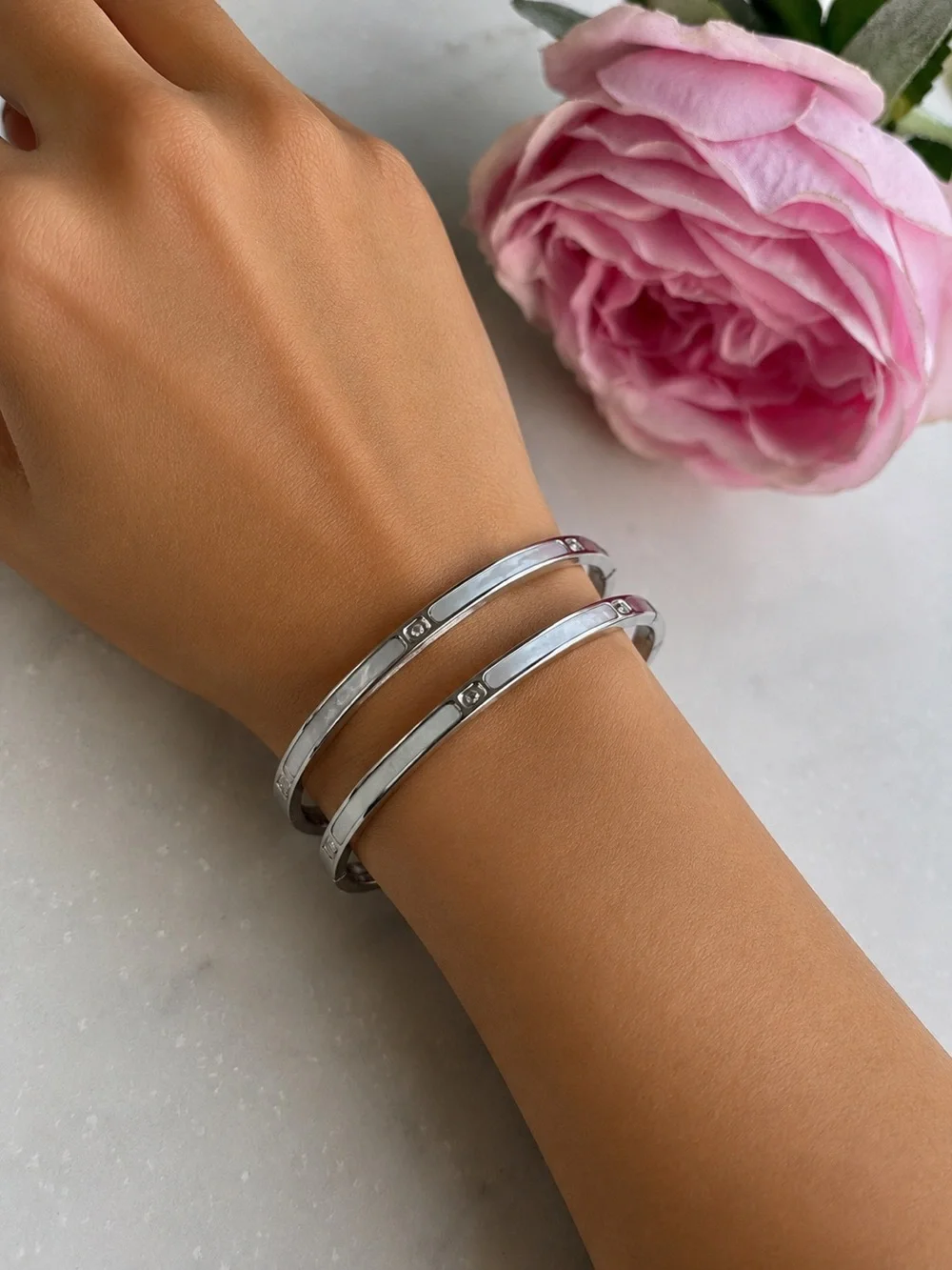 2 Silver diamond and pearl open bangel Bracelets with ring
